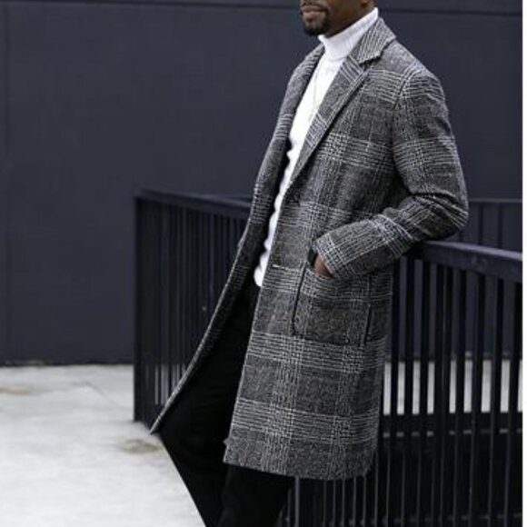 Mens Winter Trench Coat Notched Collar Single Breasted Plaid Mid Long Dark Grey - Picture 3 of 10